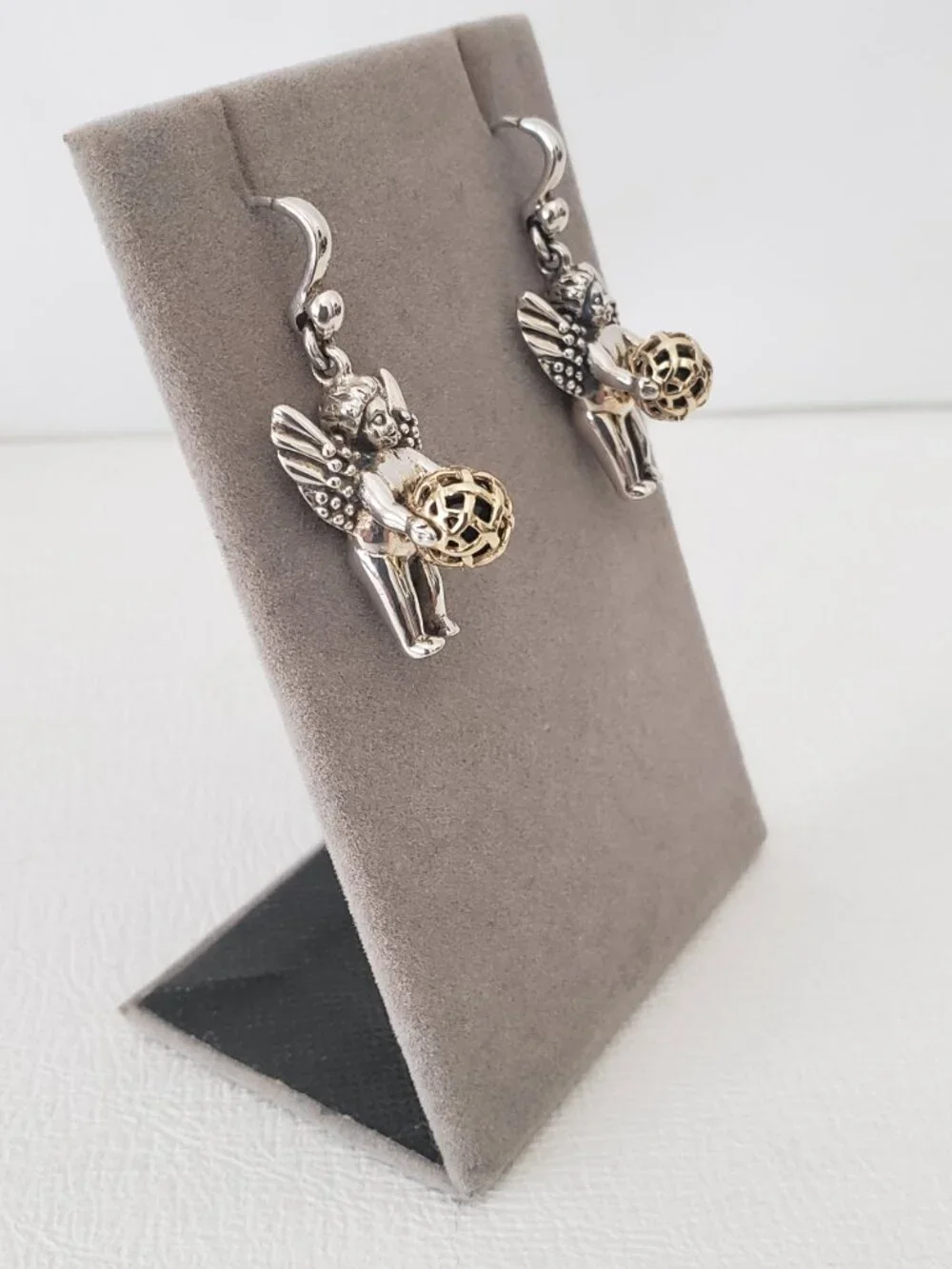 Barry Kieselstein Cord Vintage 14K Gold & Silver Cherub Orb Dangle Earrings